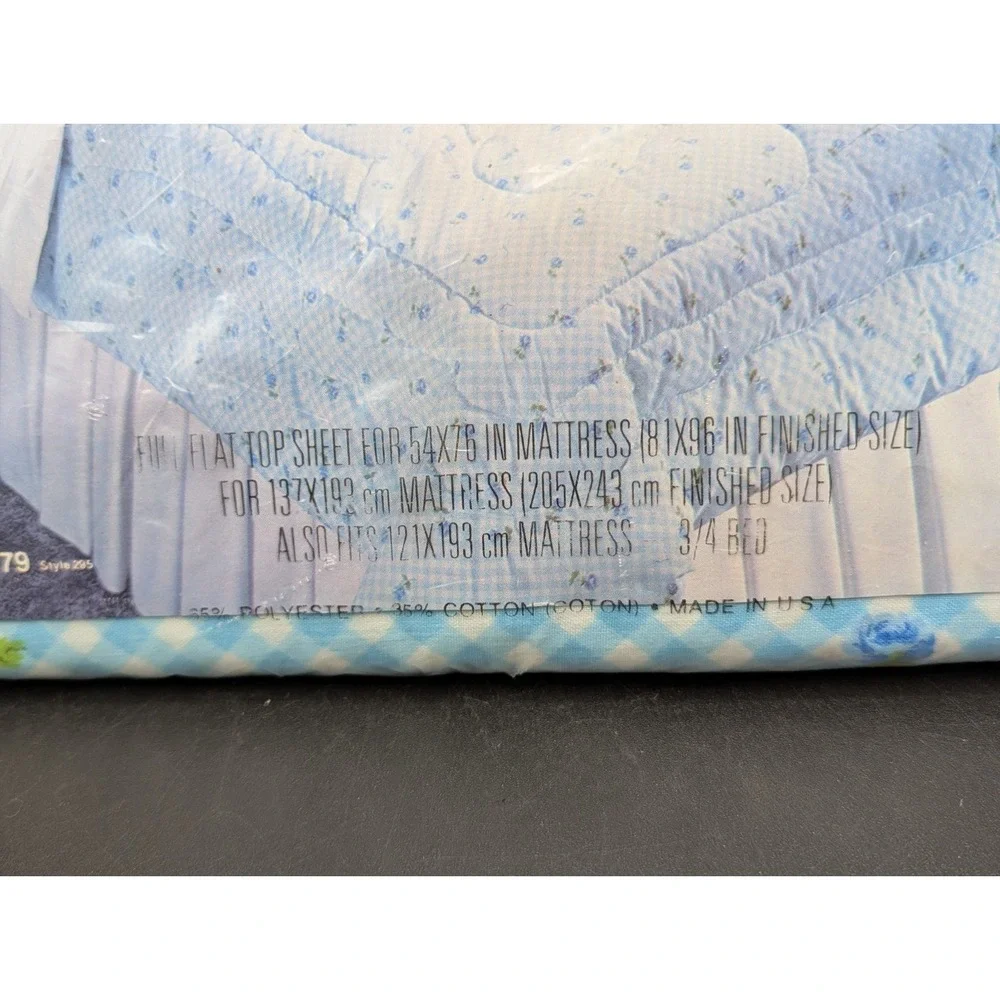 NOS VTG Cannon Monticello No-Iron Full Size Flat Sheet Blue Gingham '79 Floral